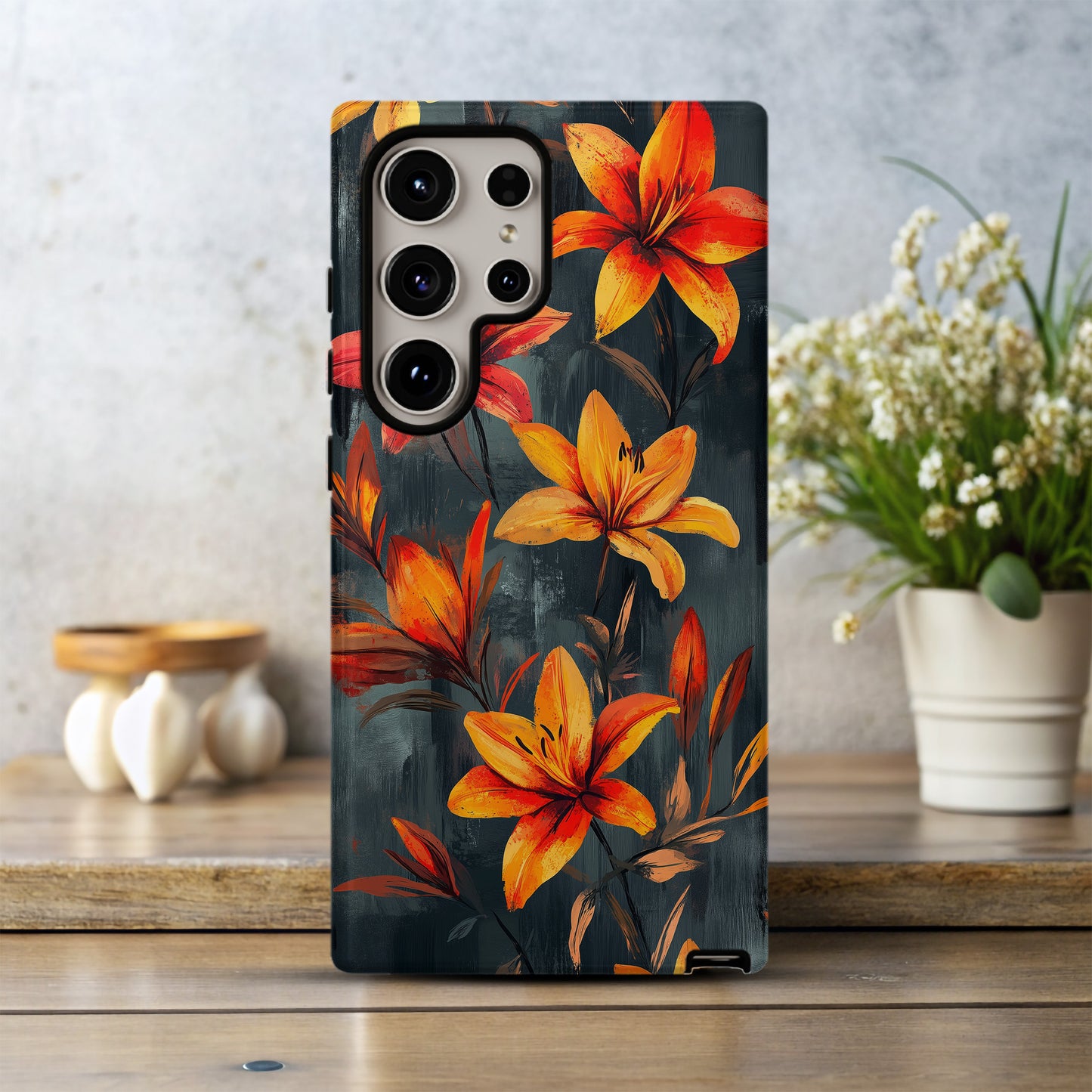 Inferno Lily Phone Case – Fiery Brush-Painted Florals with Bold Protection