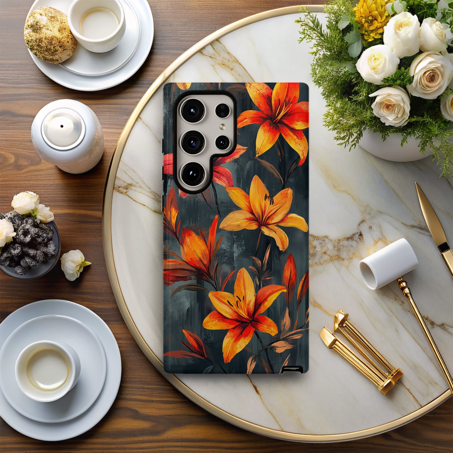 Inferno Lily Phone Case – Fiery Brush-Painted Florals with Bold Protection