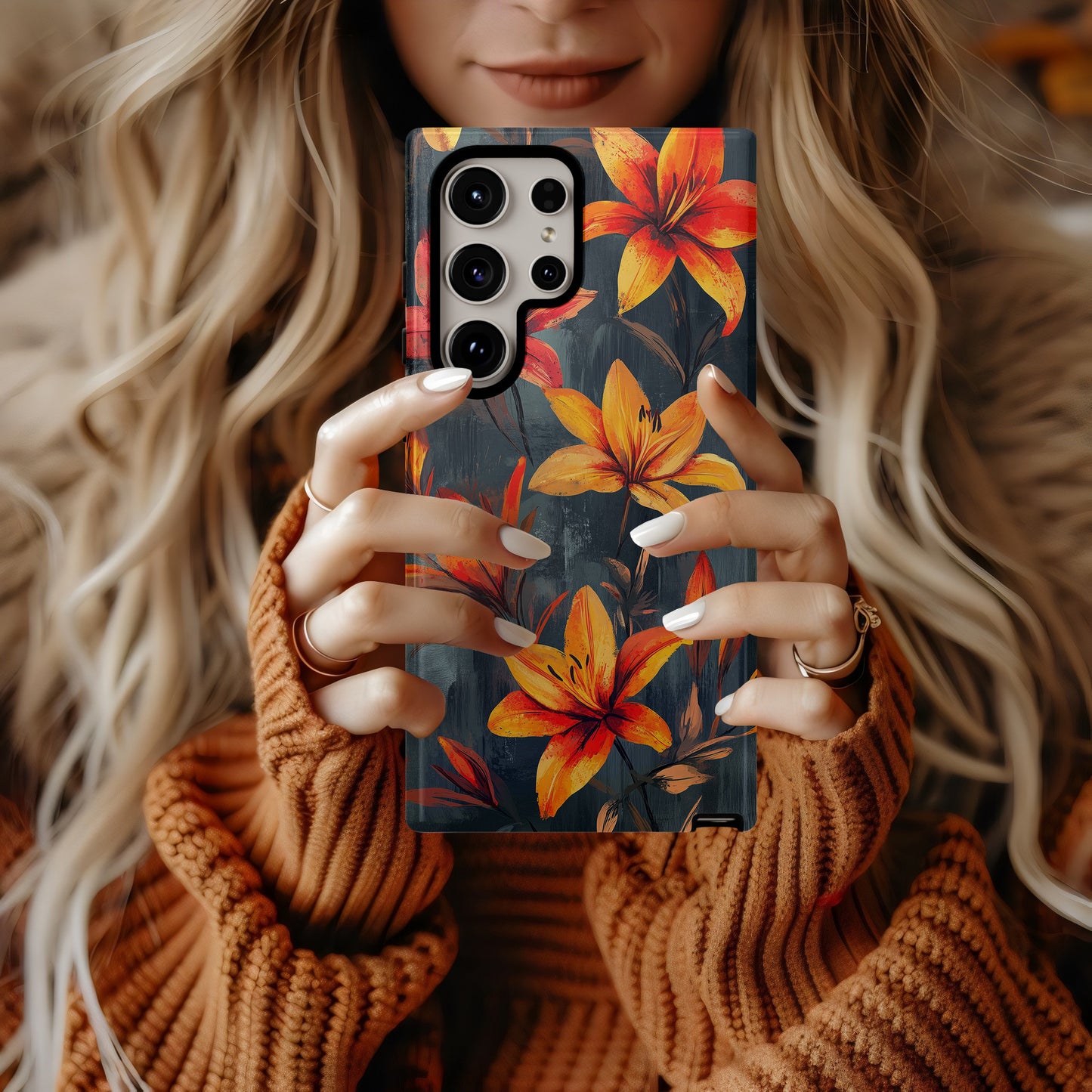 Inferno Lily Phone Case – Fiery Brush-Painted Florals with Bold Protection