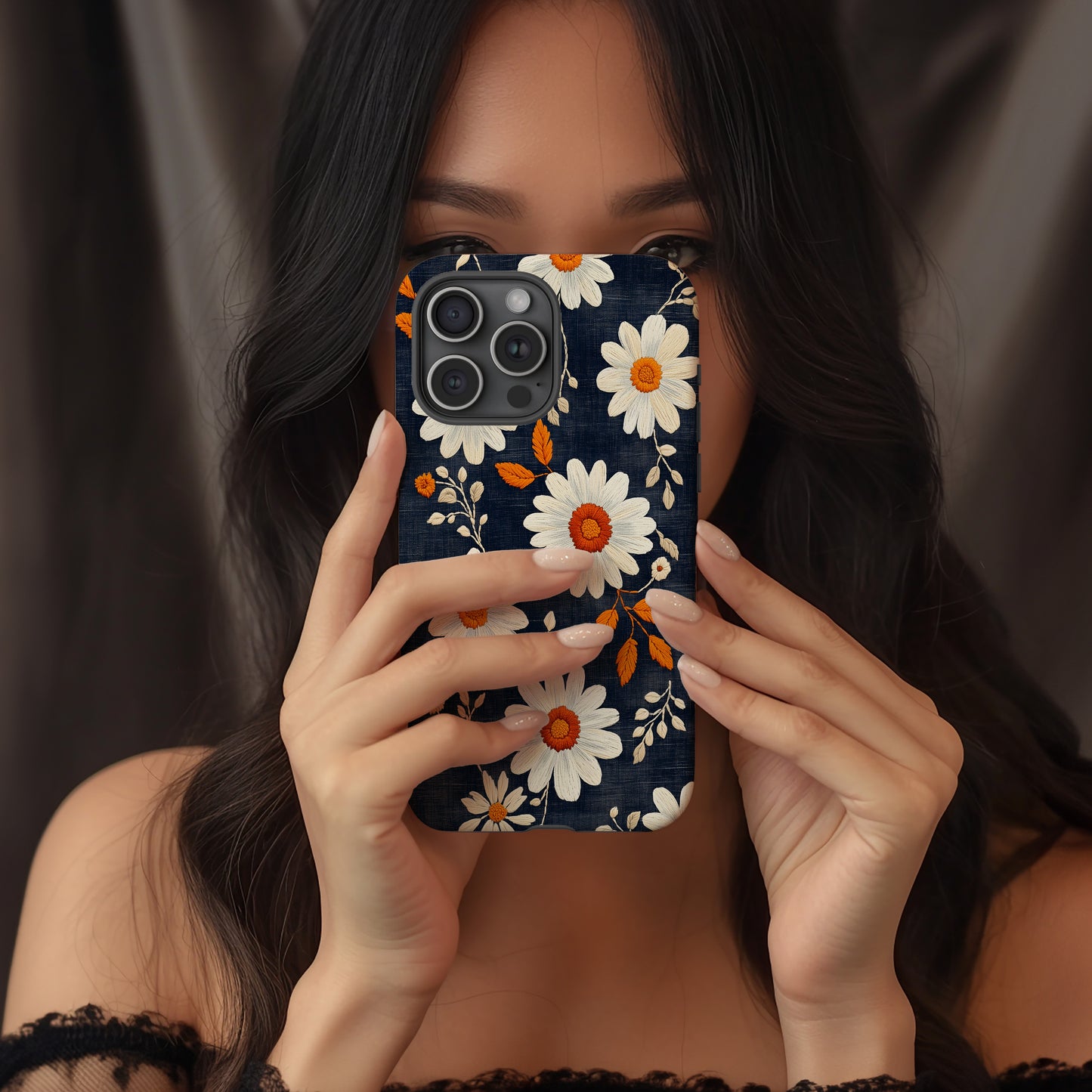 Embroidered Daisy Charm Phone Case – Boho Stitchwork Style with Durable Protection