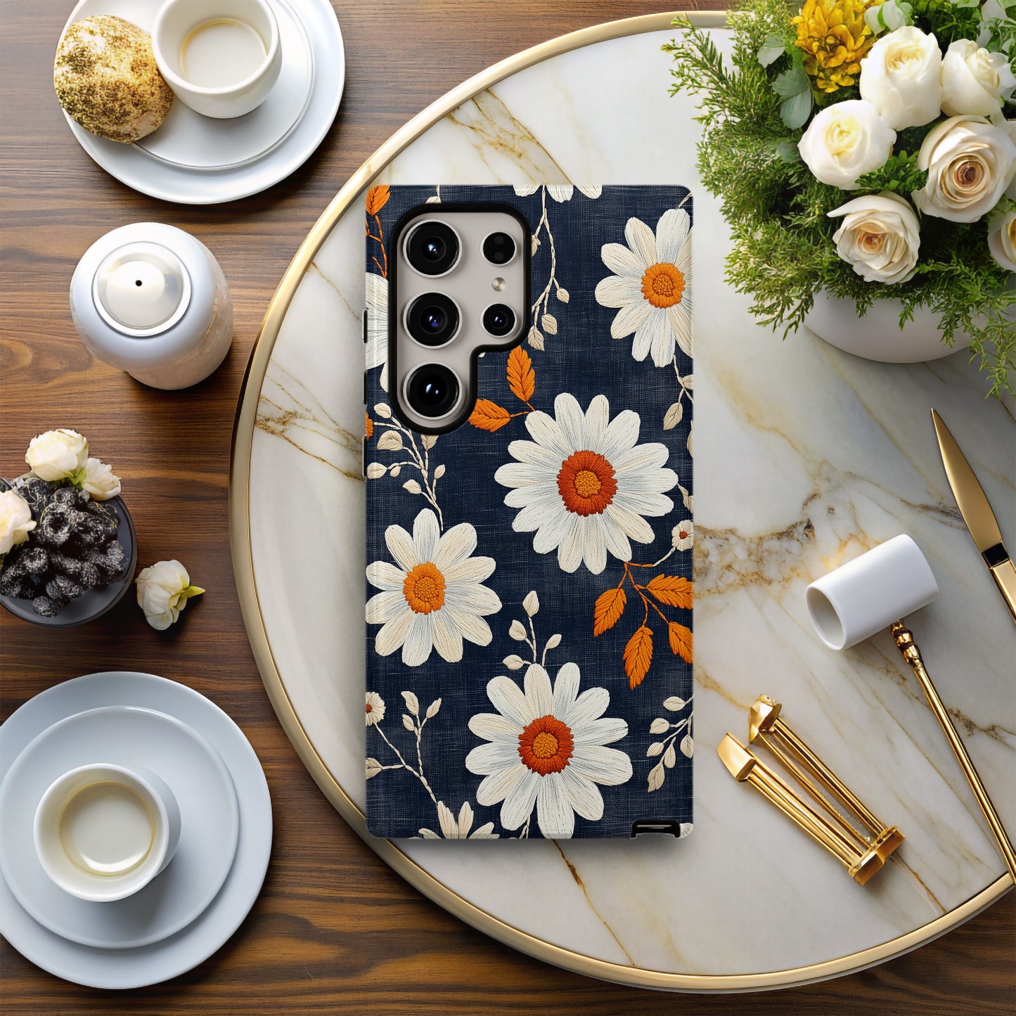 Embroidered Daisy Charm Phone Case – Boho Stitchwork Style with Durable Protection