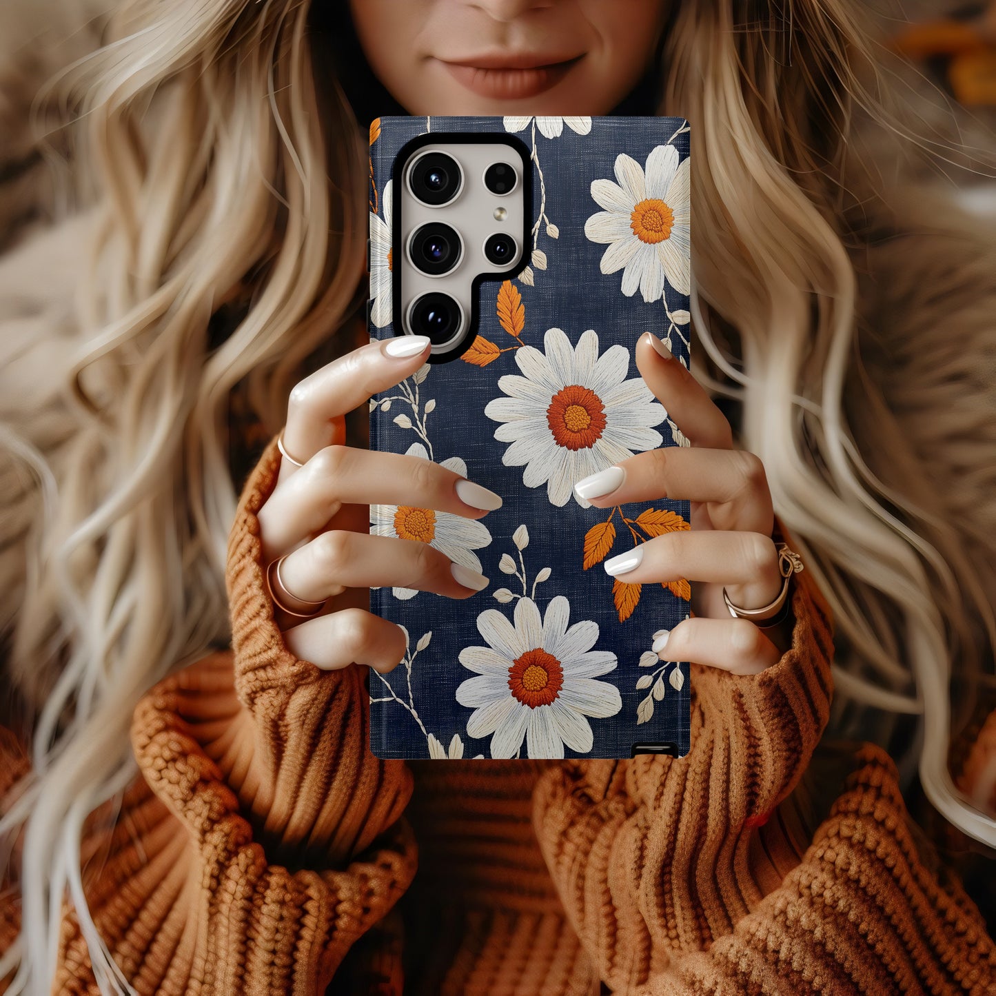 Embroidered Daisy Charm Phone Case – Boho Stitchwork Style with Durable Protection
