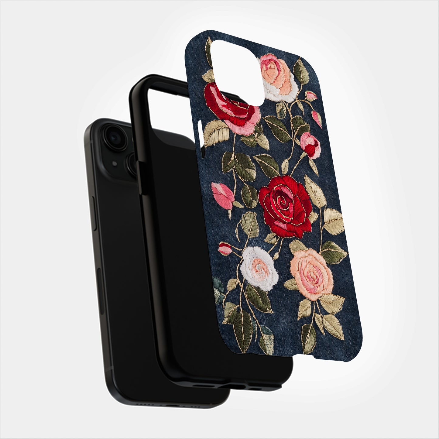 Embroidered Rose Elegance Phone Case – Boho Floral Stitchwork with Lasting Protection