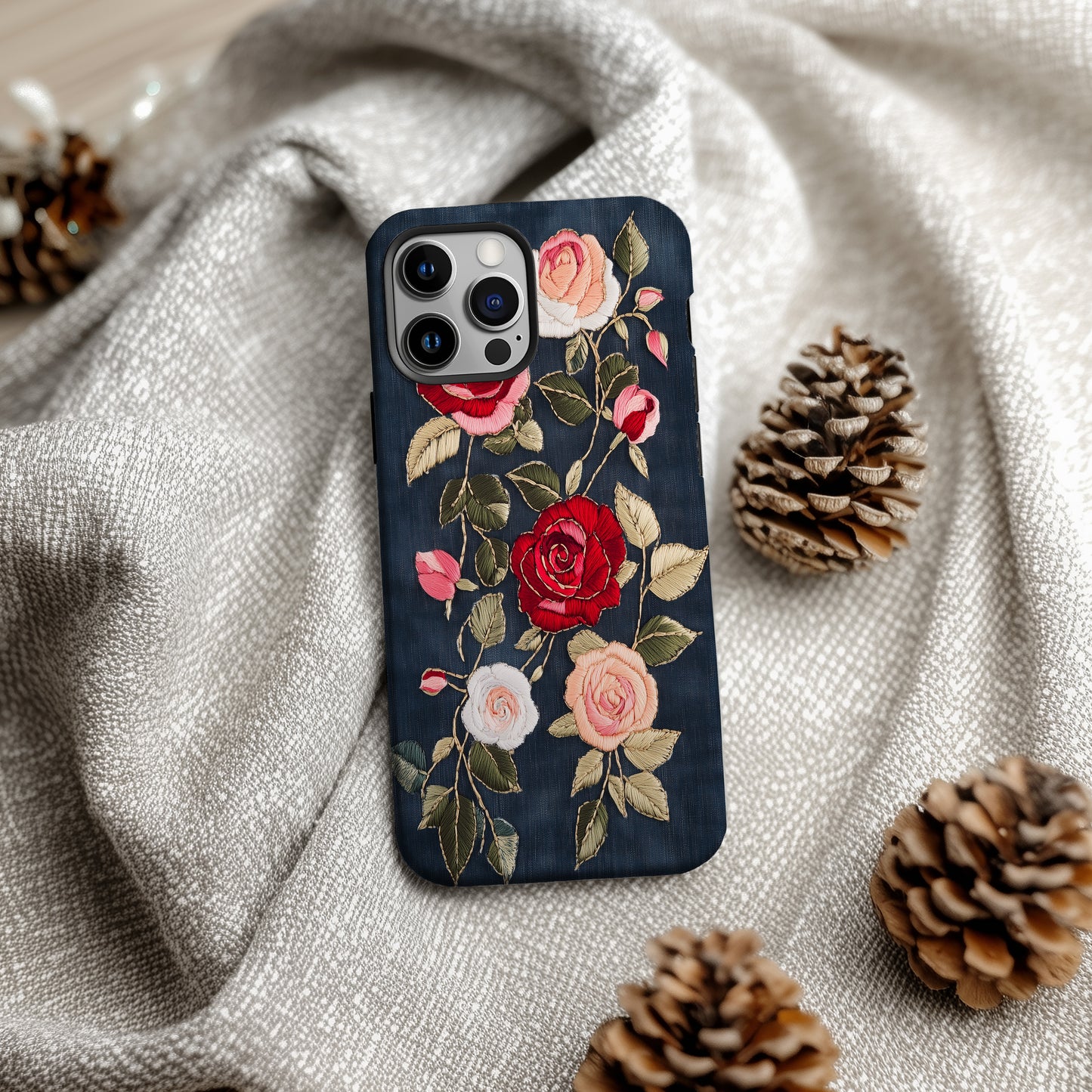Embroidered Rose Elegance Phone Case – Boho Floral Stitchwork with Lasting Protection