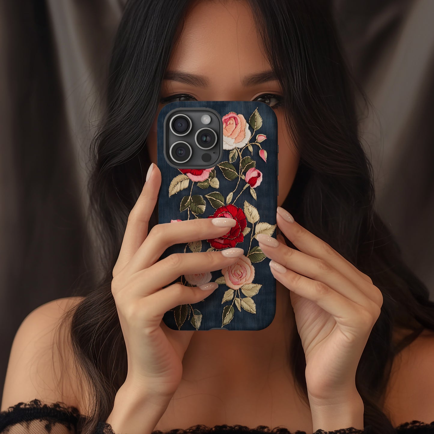 Embroidered Rose Elegance Phone Case – Boho Floral Stitchwork with Lasting Protection