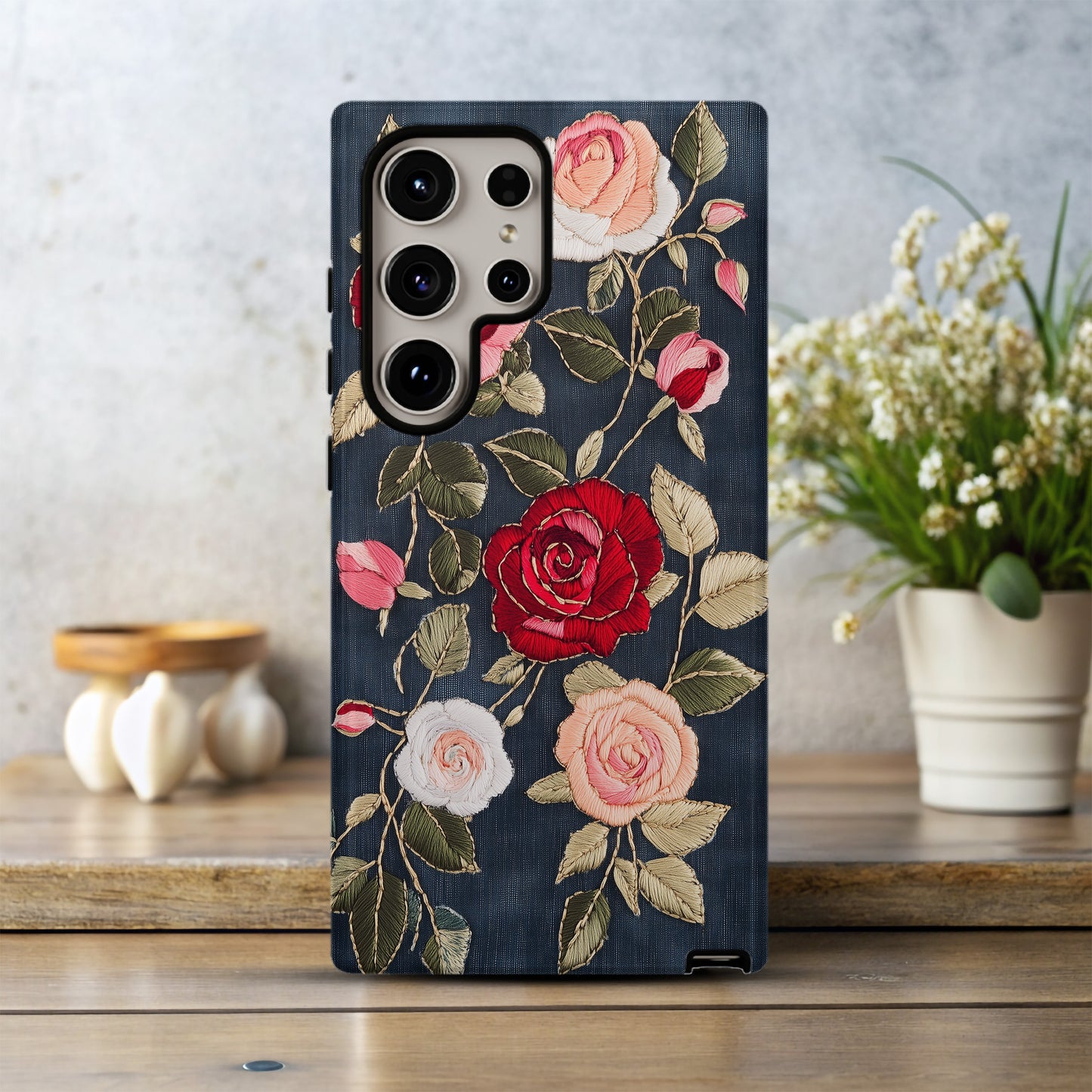 Embroidered Rose Elegance Phone Case – Boho Floral Stitchwork with Lasting Protection