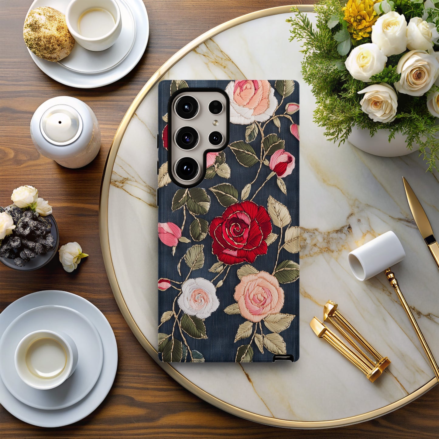 Embroidered Rose Elegance Phone Case – Boho Floral Stitchwork with Lasting Protection