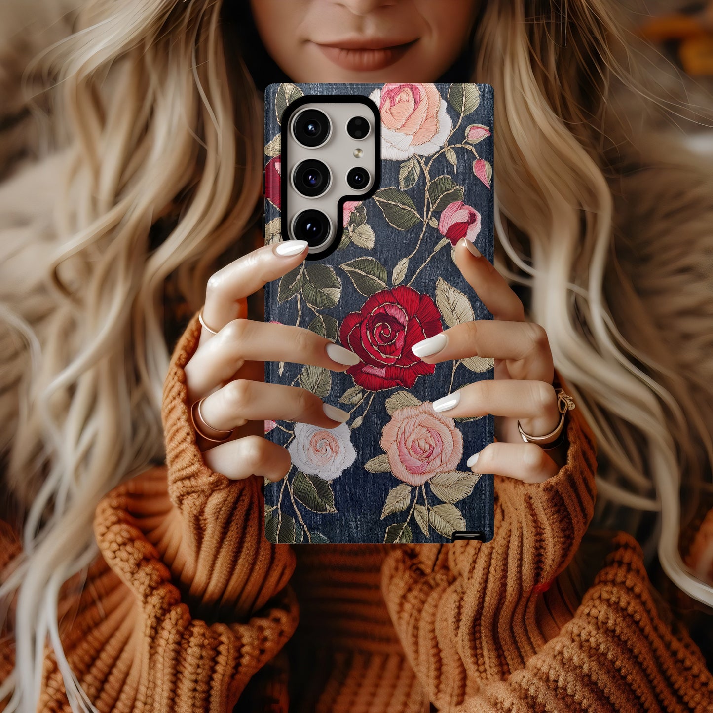 Embroidered Rose Elegance Phone Case – Boho Floral Stitchwork with Lasting Protection