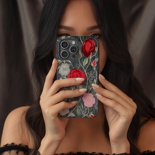 Boho Rose Tangle Phone Case – Hand-Stitched Vintage Elegance Meets Rugged Protection