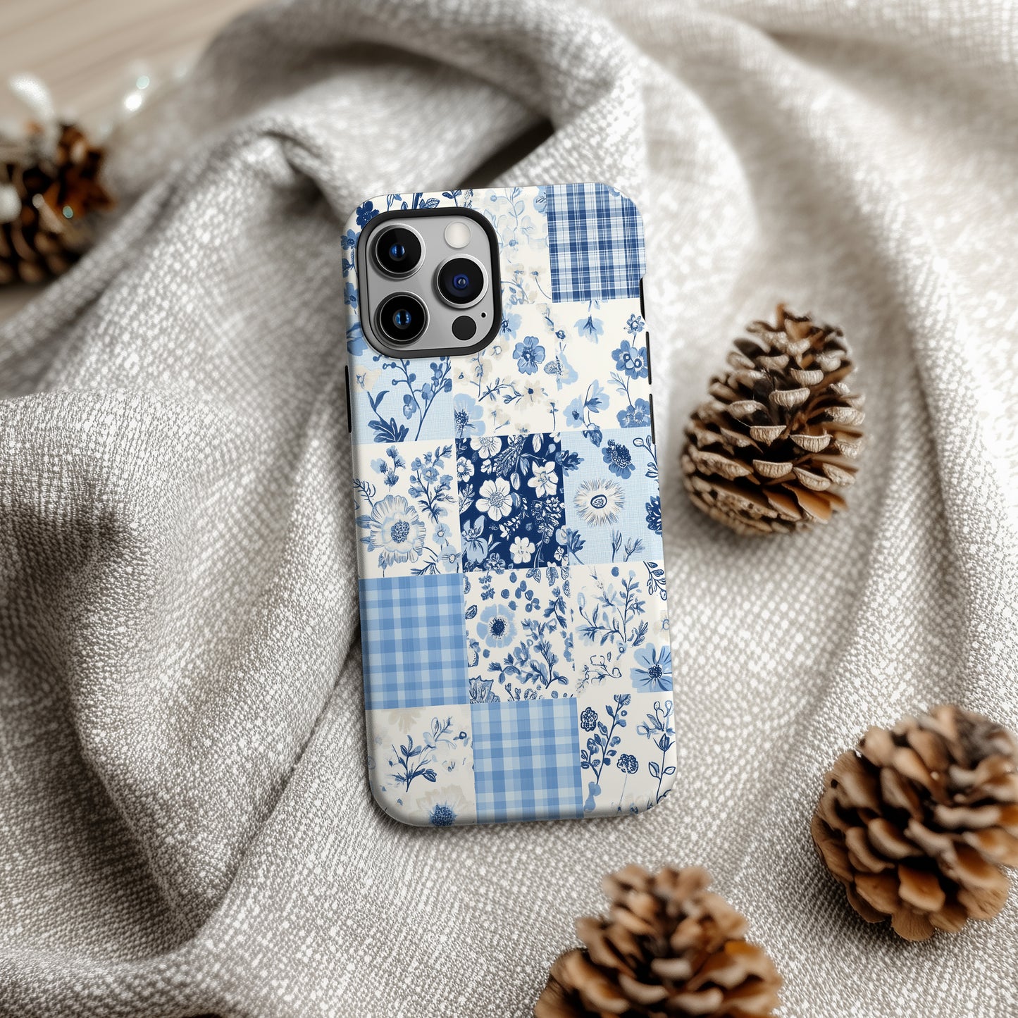 Blue Calico Patchwork Phone Case – Vintage Charm with Modern Protection
