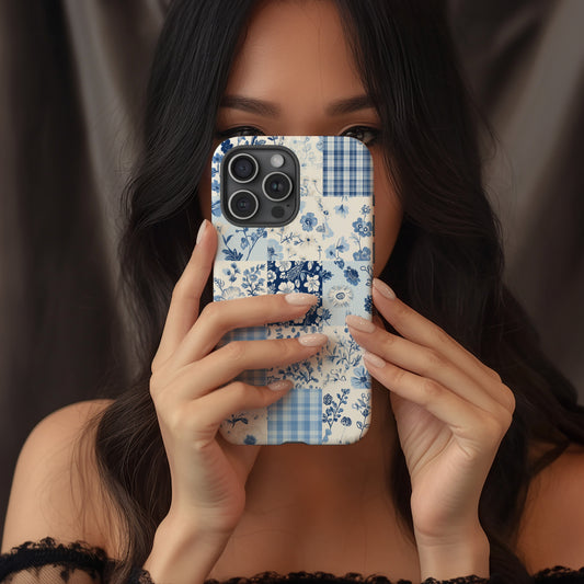 Blue Calico Patchwork Phone Case – Vintage Charm with Modern Protection
