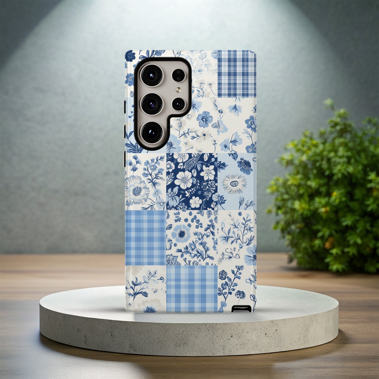 Blue Calico Patchwork Phone Case – Vintage Charm with Modern Protection