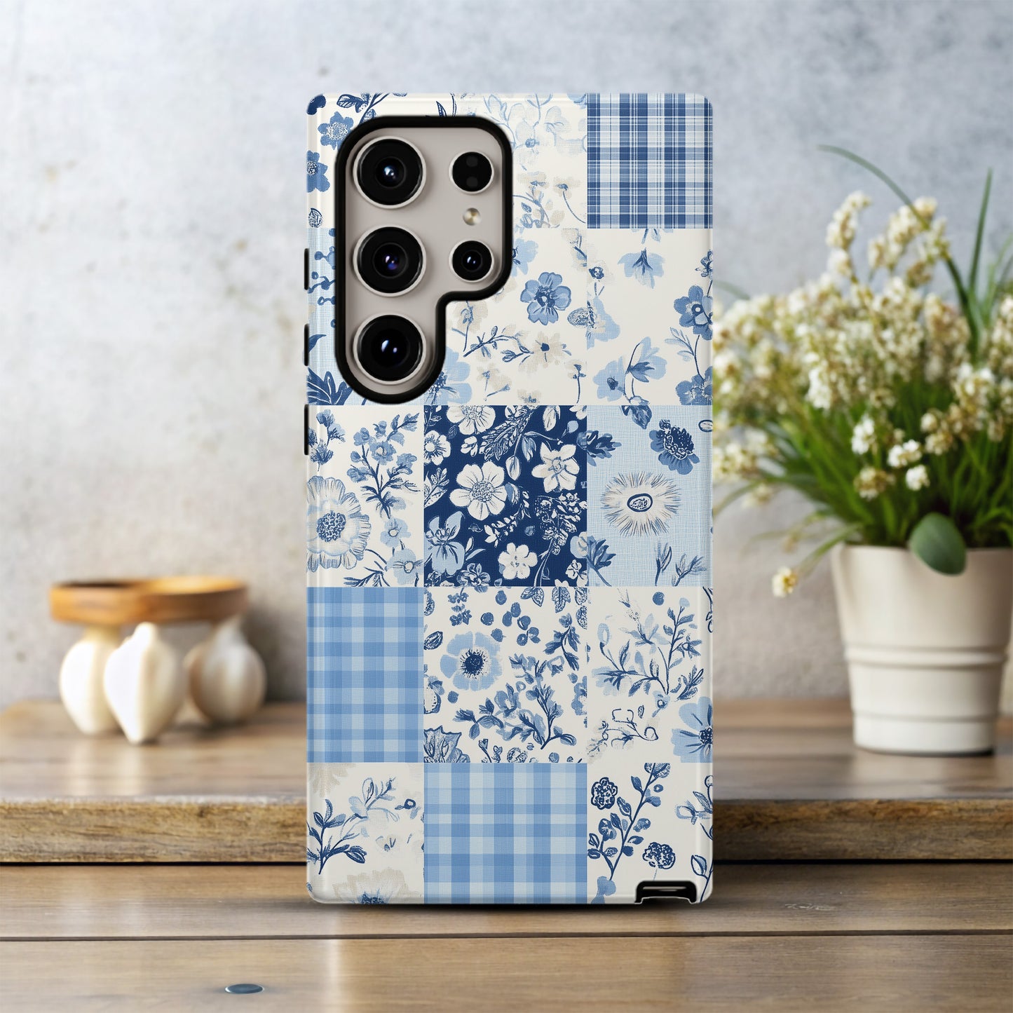 Blue Calico Patchwork Phone Case – Vintage Charm with Modern Protection
