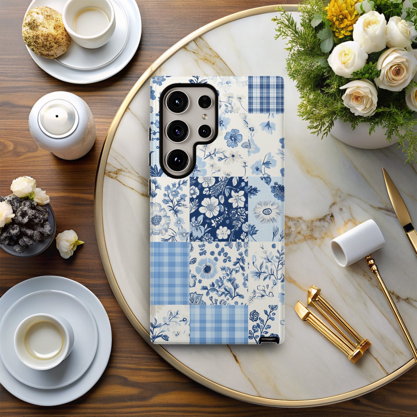 Blue Calico Patchwork Phone Case – Vintage Charm with Modern Protection