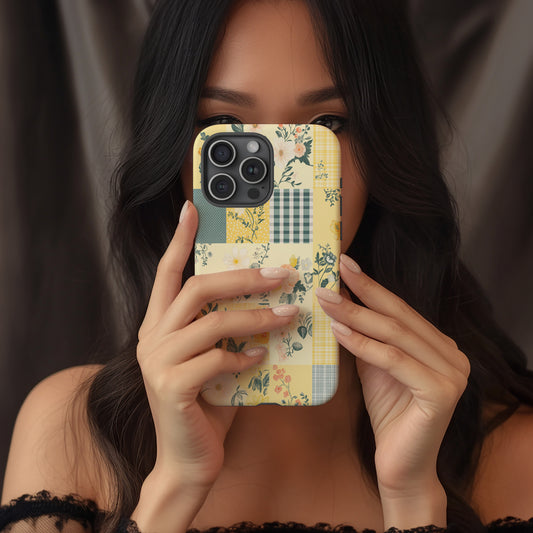 Pastel Yellow Floral Patchwork Phone Case – Cottagecore Calico Charm, Dual-Layer Protective Case