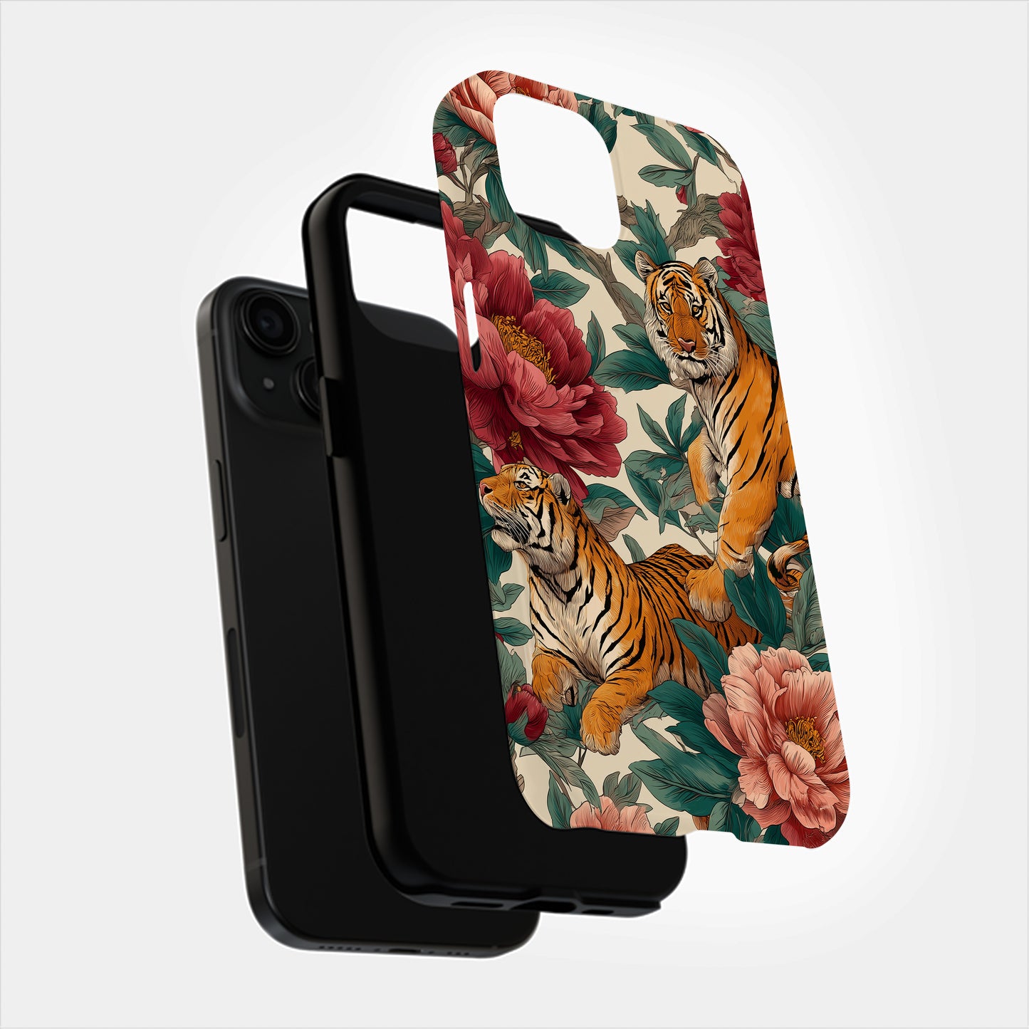Tiger & Peony Phone Case – Bold Hand-Drawn Jungle Art, Dual-Layer Protection