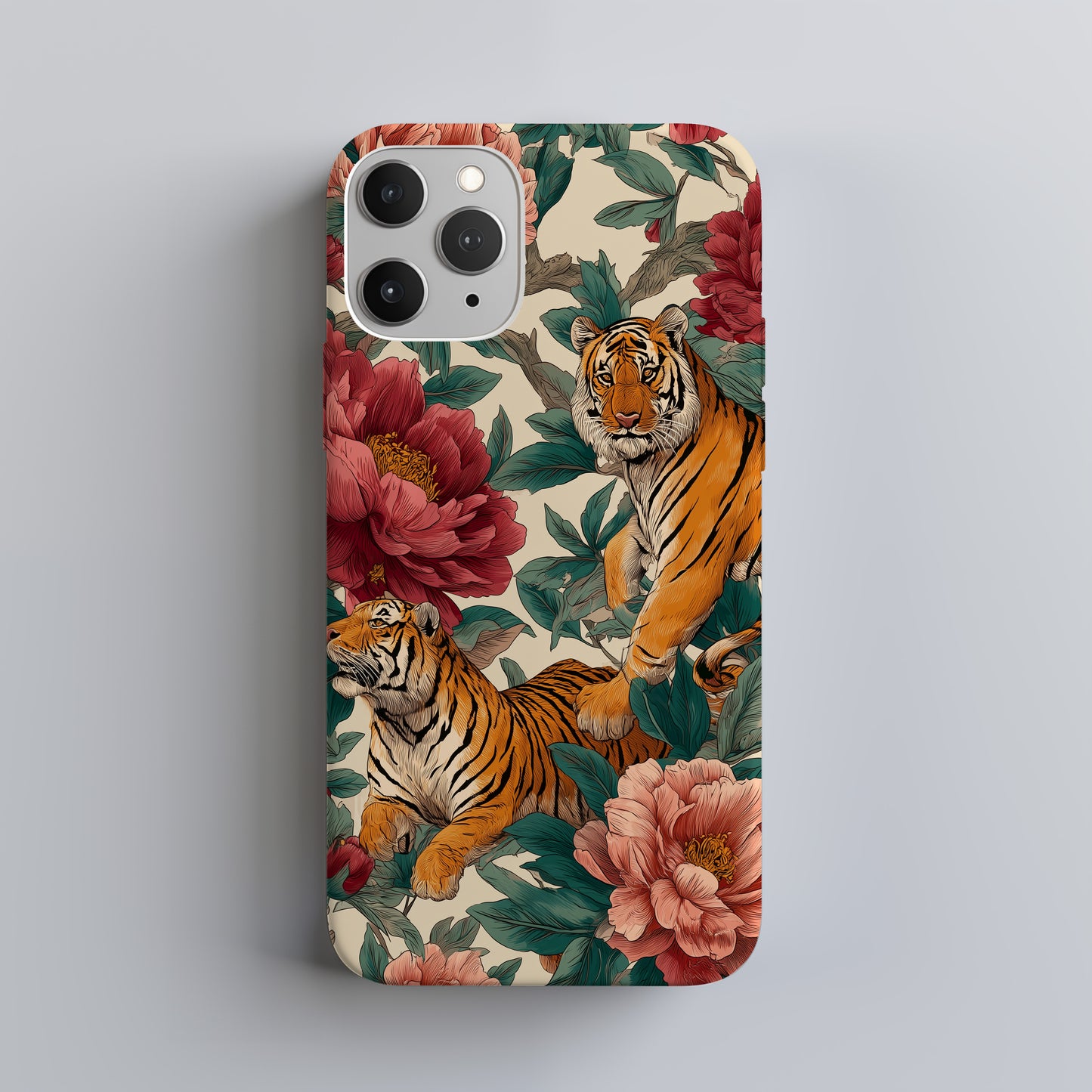 Tiger & Peony Phone Case – Bold Hand-Drawn Jungle Art, Dual-Layer Protection