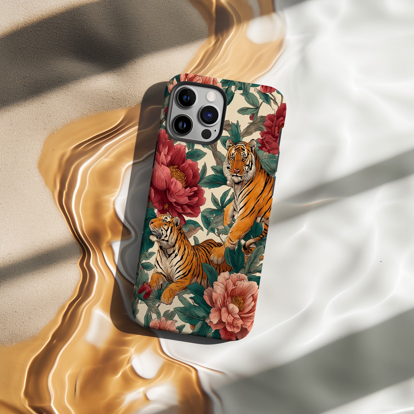 Tiger & Peony Phone Case – Bold Hand-Drawn Jungle Art, Dual-Layer Protection
