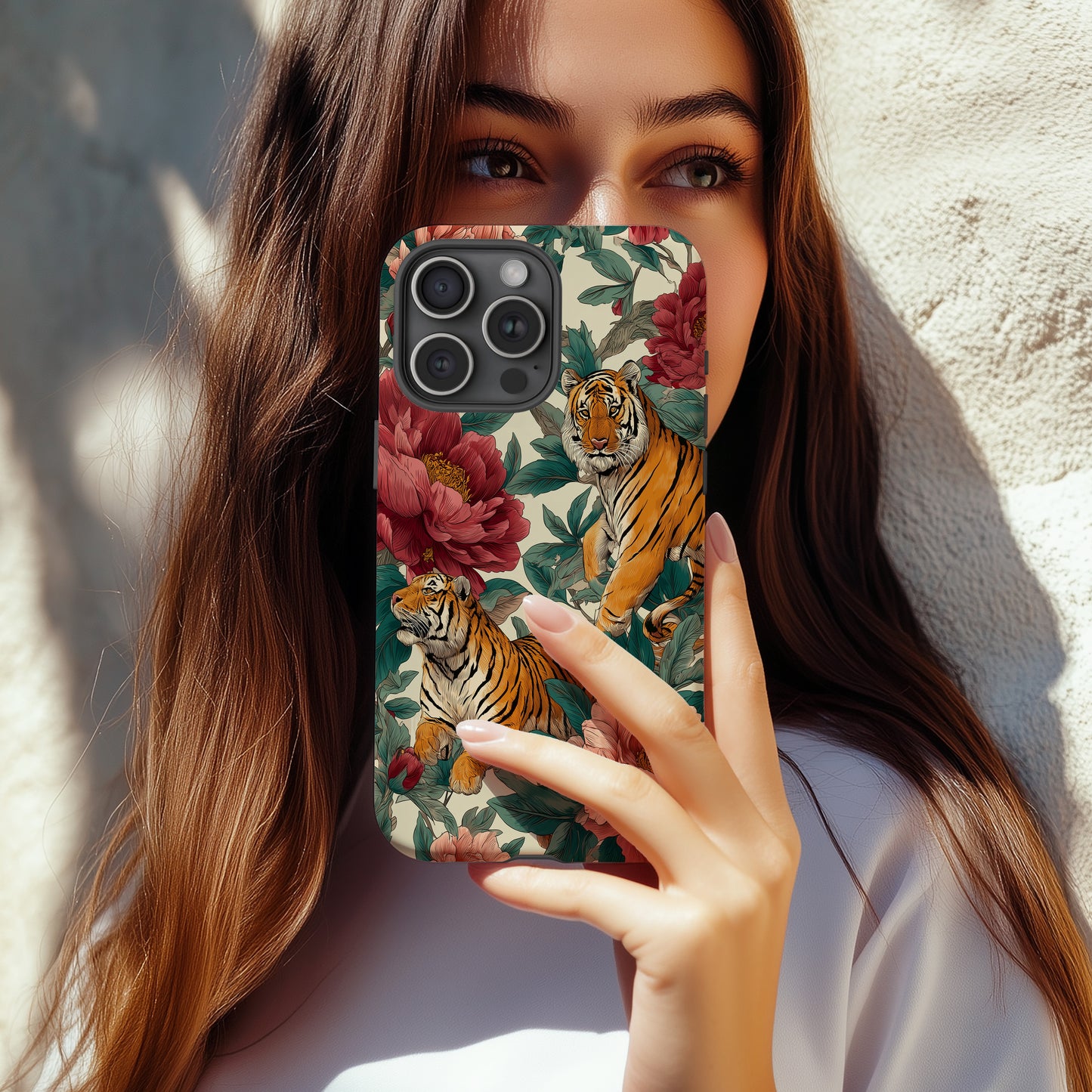 Tiger & Peony Phone Case – Bold Hand-Drawn Jungle Art, Dual-Layer Protection