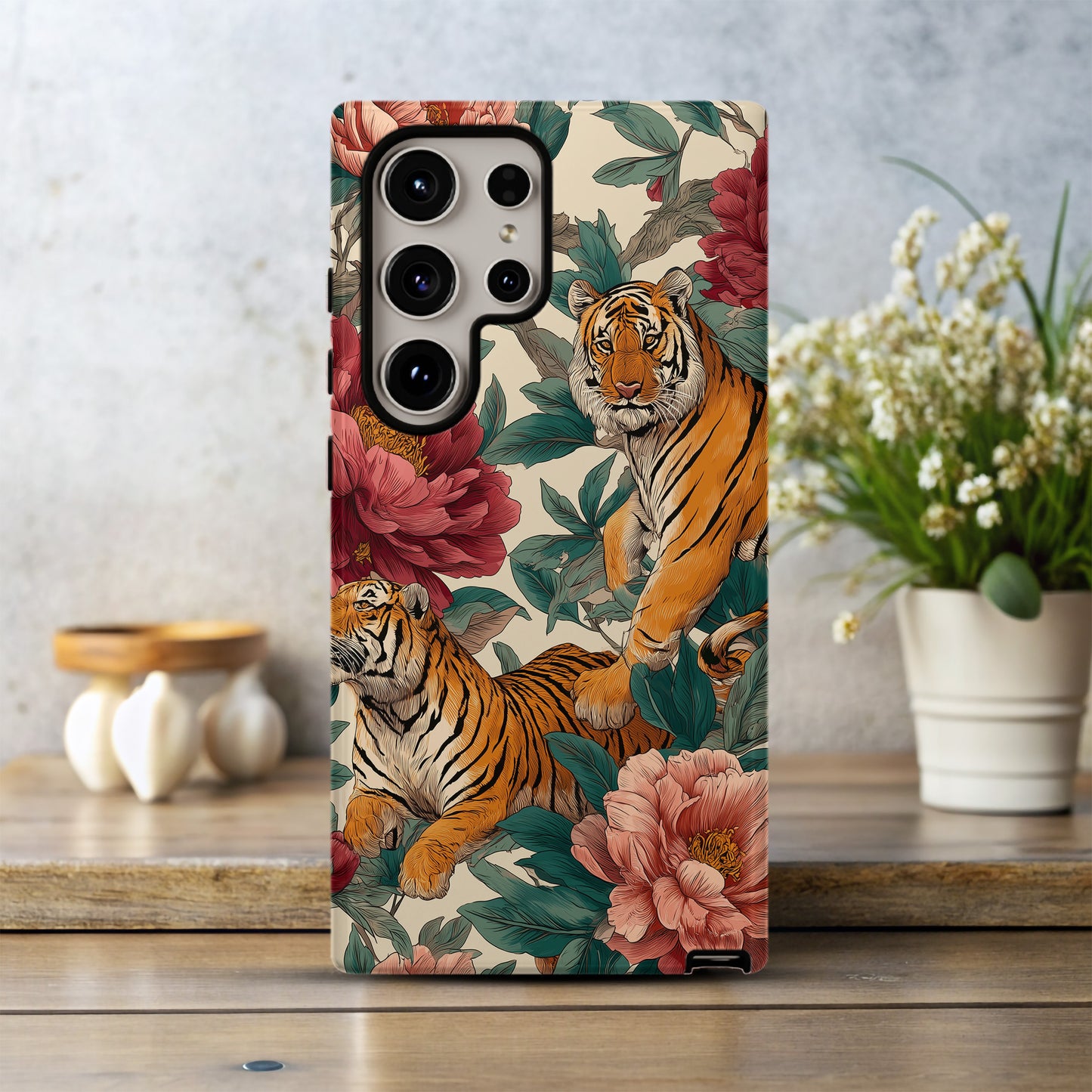 Tiger & Peony Phone Case – Bold Hand-Drawn Jungle Art, Dual-Layer Protection