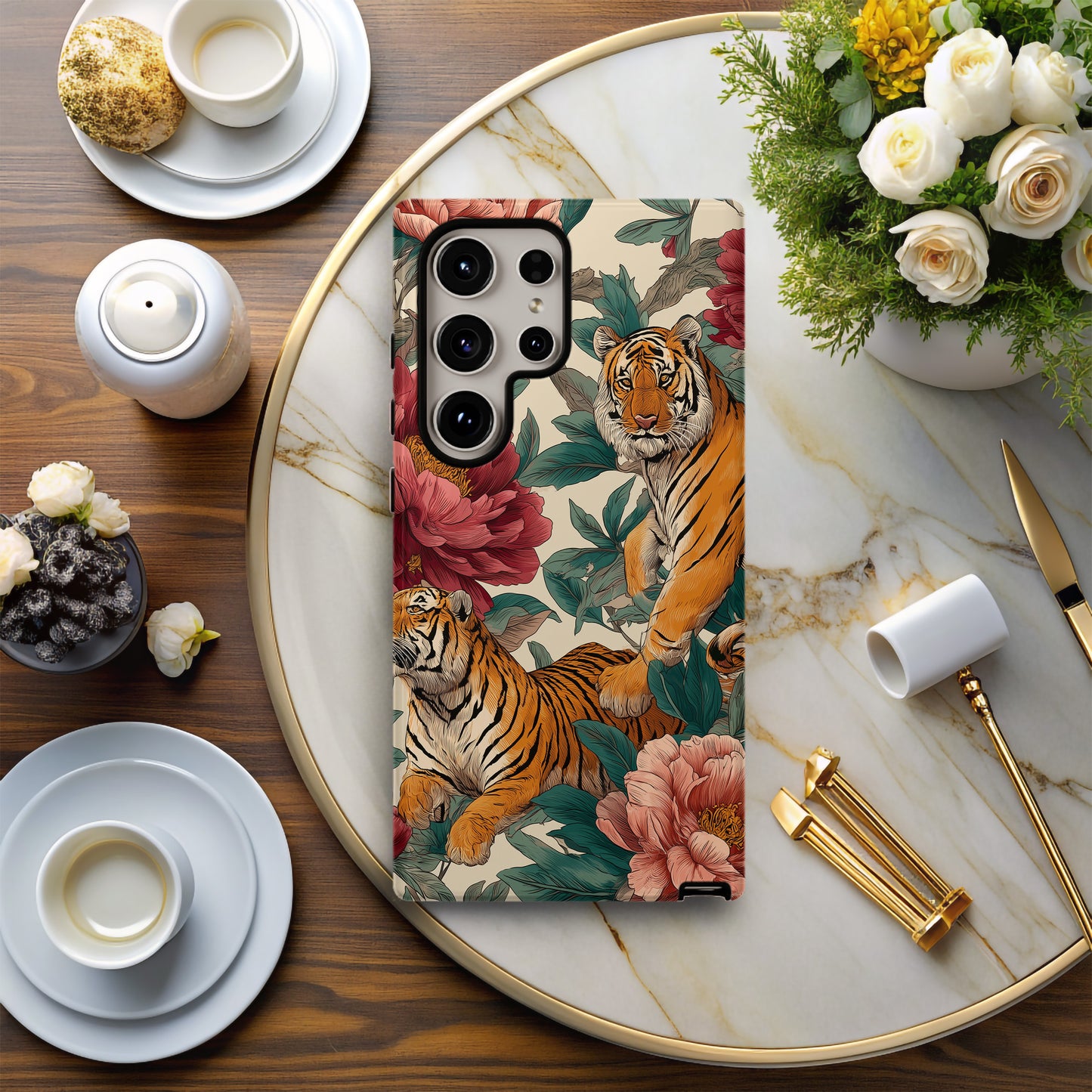 Tiger & Peony Phone Case – Bold Hand-Drawn Jungle Art, Dual-Layer Protection