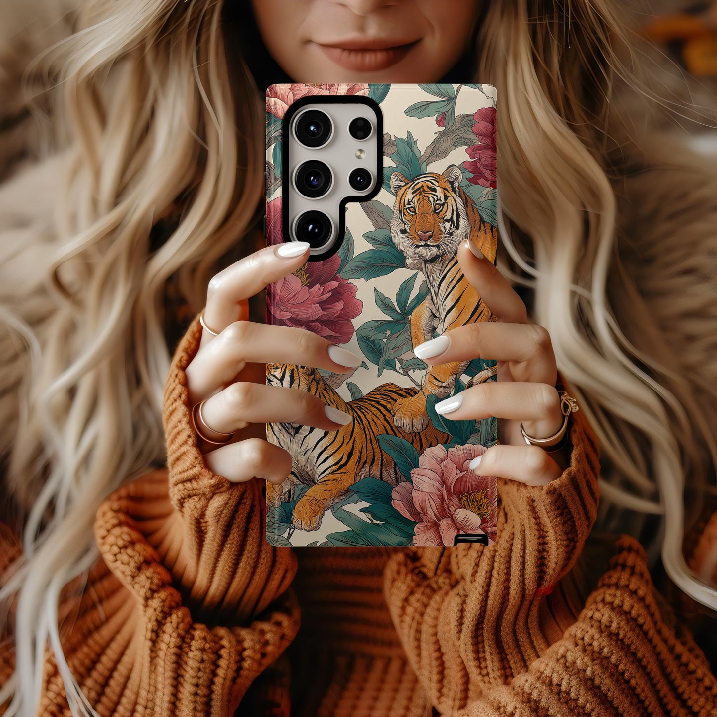 Tiger & Peony Phone Case – Bold Hand-Drawn Jungle Art, Dual-Layer Protection