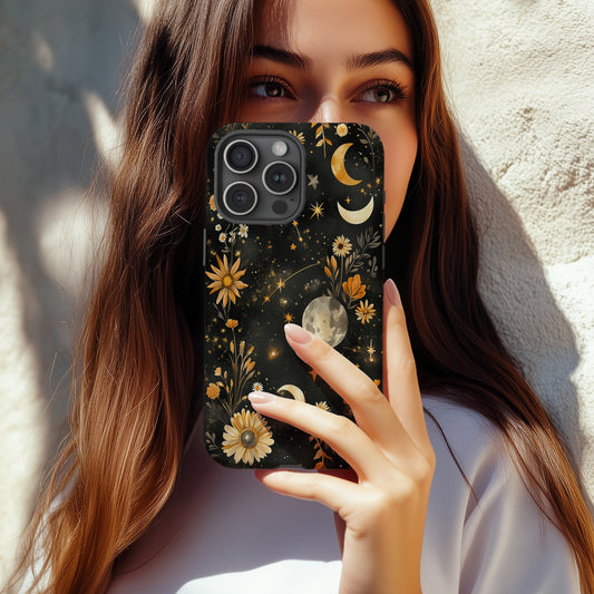 Celestial Wildflower Phone Case – Boho Moon & Stars Floral Design