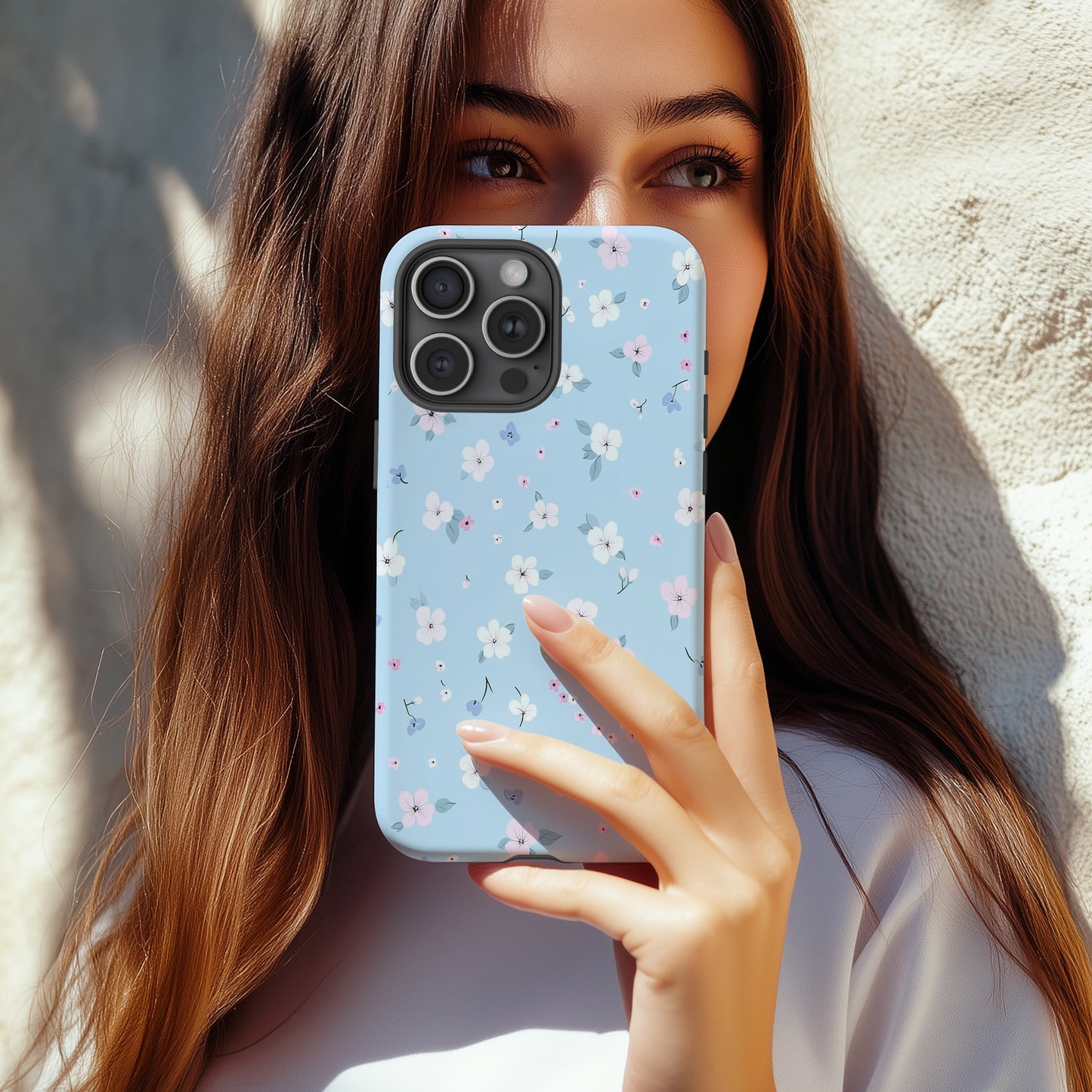 Pastel Floral Sky Phone Case – Soft Blue Background with Tiny Flowers