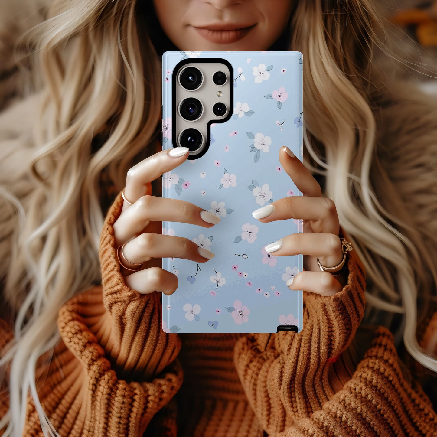 Pastel Floral Sky Phone Case – Soft Blue Background with Tiny Flowers