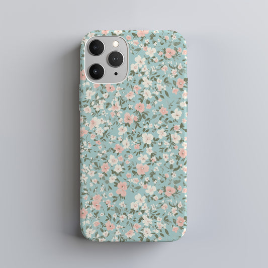 Vintage Pastel Floral Phone Case – Soft Blue Background with Pink & White Blossoms