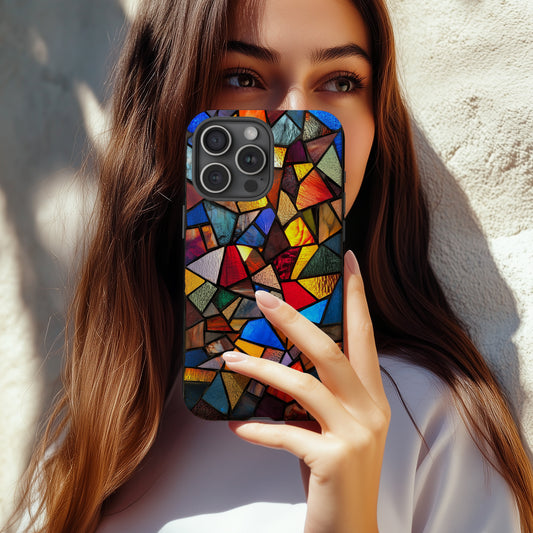 Stained Glass Mosaic Phone Case – Abstract Geometric Art in Bold Jewel Tones