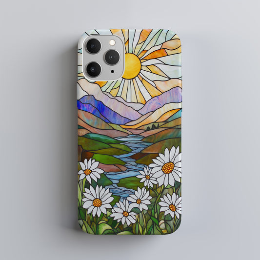 Stained Glass Sun & Daisy Phone Case – Art Nouveau Landscape Design