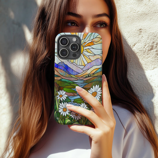 Stained Glass Sun & Daisy Phone Case – Art Nouveau Landscape Design