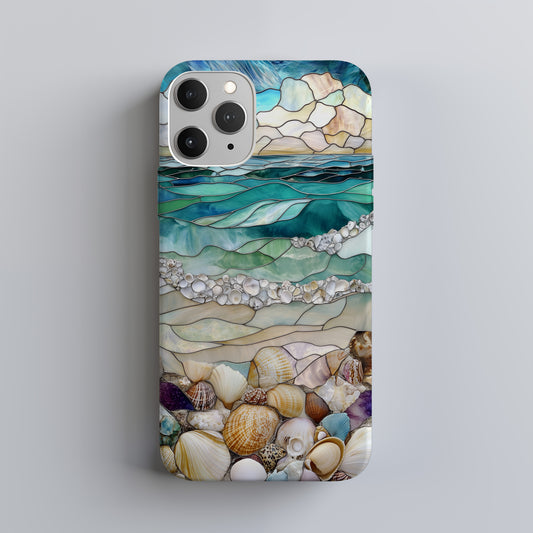 Stained Glass Beach Phone Case – Ocean Waves & Shell Shoreline Art Nouveau Design