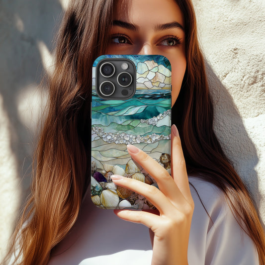 Stained Glass Beach Phone Case – Ocean Waves & Shell Shoreline Art Nouveau Design