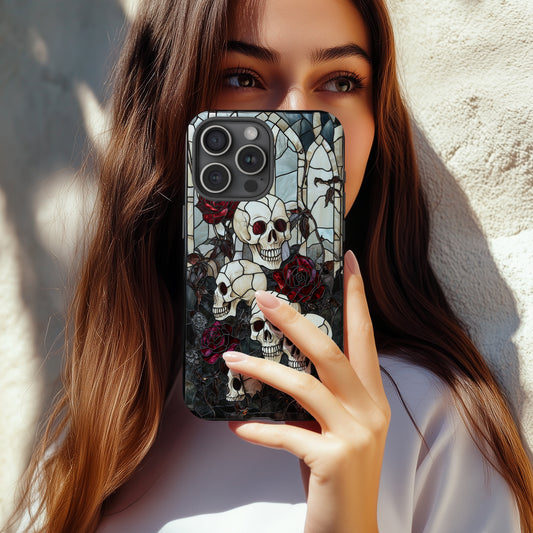 Gothic Skulls & Roses Stained Glass Phone Case – Dark Cathedral Aesthetic