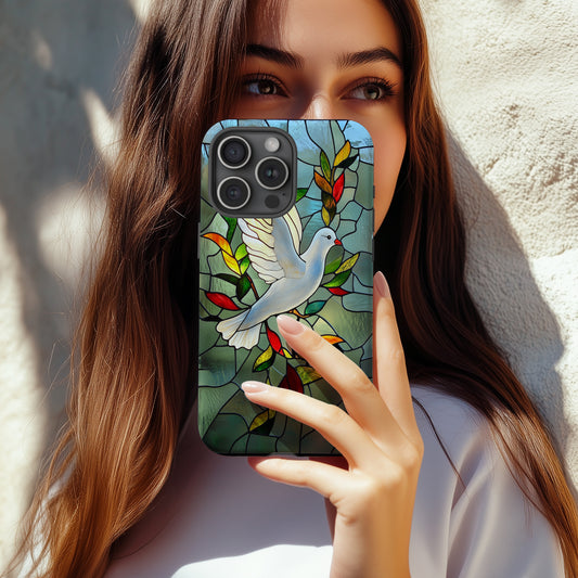 Stained Glass Dove & Olive Branch Phone Case – Peace Symbol Art