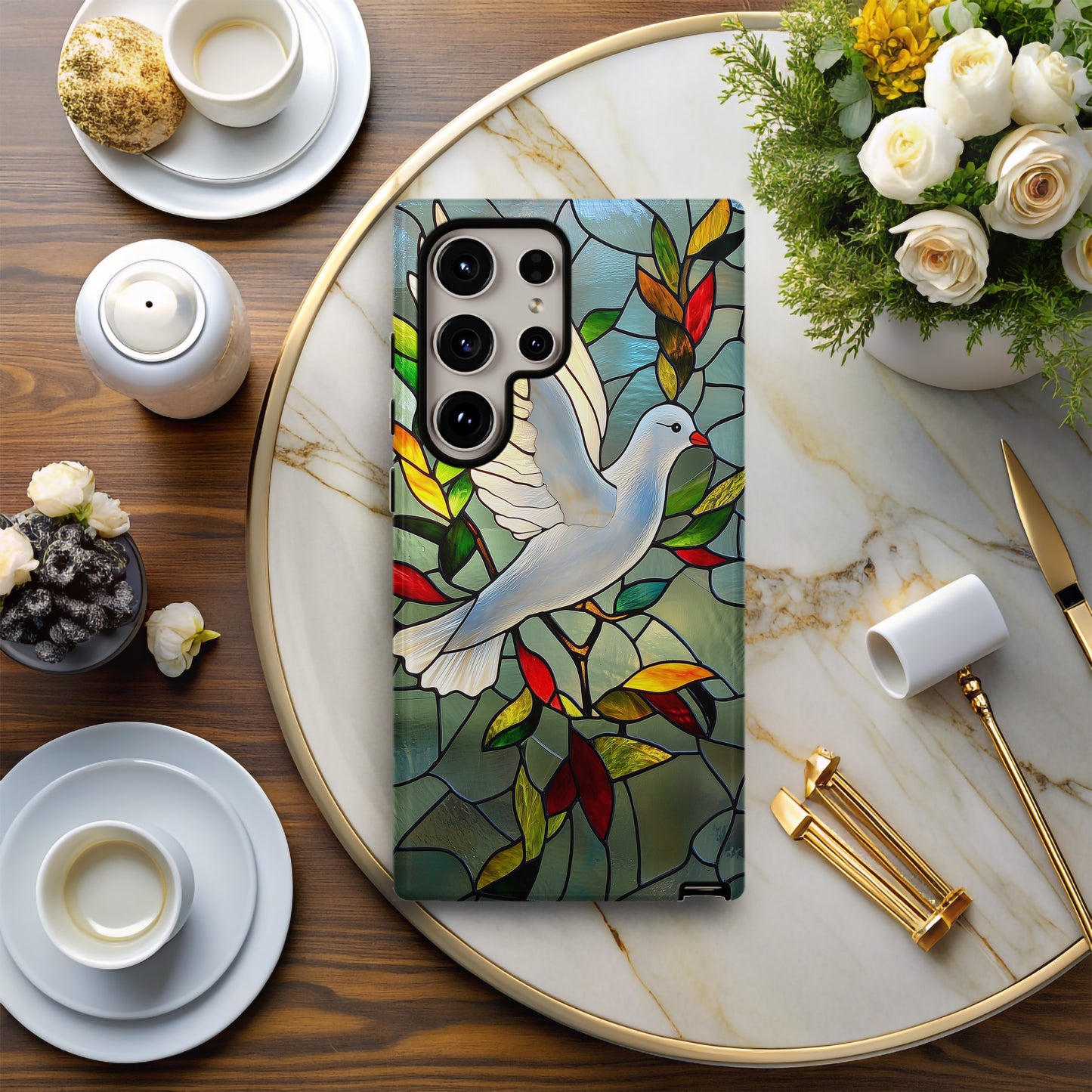 Stained Glass Dove & Olive Branch Phone Case – Peace Symbol Art