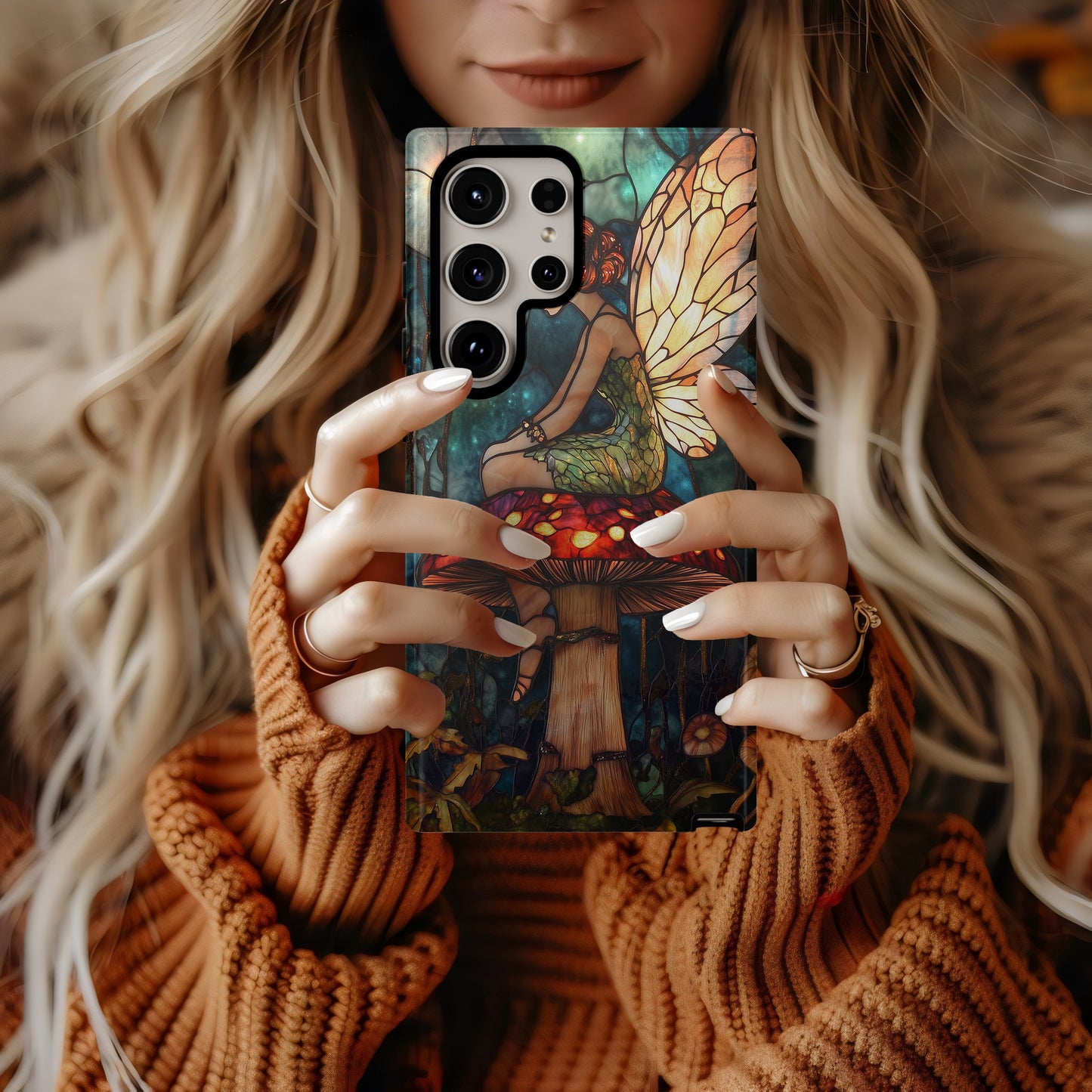Enchanted Forest Fairy Phone Case – Stained Glass Toadstool & Moonlit Wings
