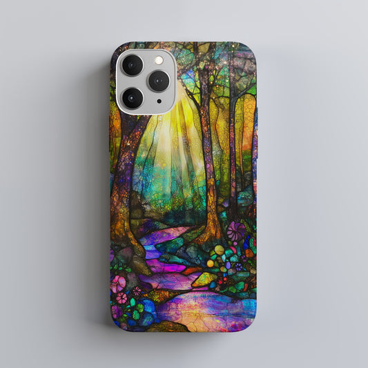 Twilight Enchanted Forest Phone Case – Whimsical Stained Glass Woodland Glow
