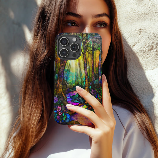 Twilight Enchanted Forest Phone Case – Whimsical Stained Glass Woodland Glow