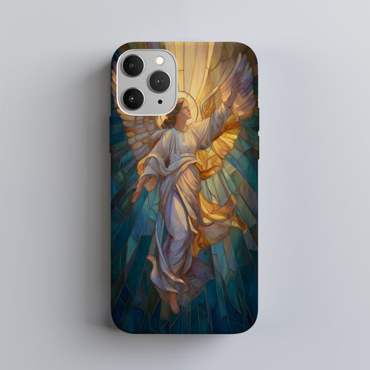 Heavenly Angel Phone Case – Stained Glass Art with Glowing Halo & Outstretched Wings