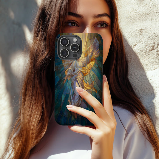 Heavenly Angel Phone Case – Stained Glass Art with Glowing Halo & Outstretched Wings