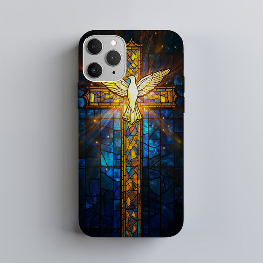 Radiant Cross & Dove Phone Case – Stained Glass Holy Spirit Symbol with Light Beams