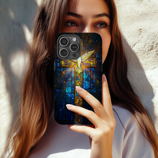 Radiant Cross & Dove Phone Case – Stained Glass Holy Spirit Symbol with Light Beams