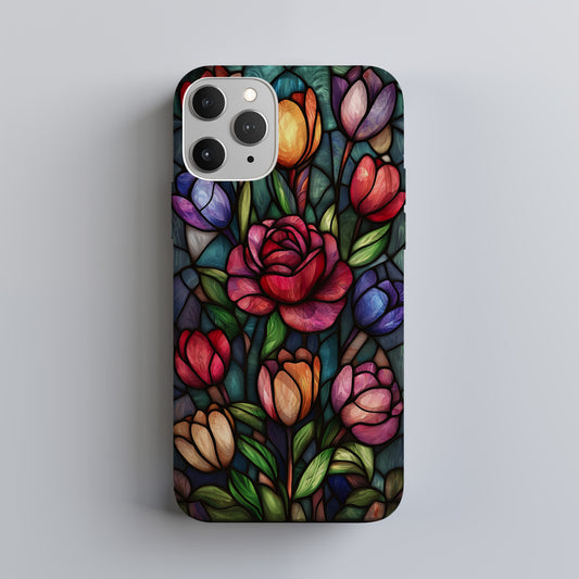 Garden of Light Phone Case – Stained Glass Roses and Tulips in Bloom
