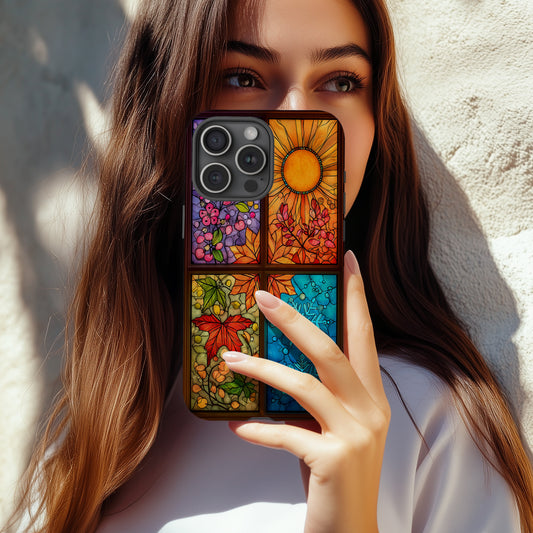 Four Seasons Stained Glass Phone Case – Spring Blossoms, Summer Sun, Autumn Leaves & Winter