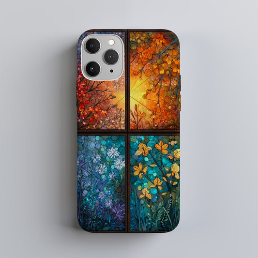 Botanical Seasons Phone Case – Stained Glass Spring, Summer, Autumn, and Winter Floral Panels