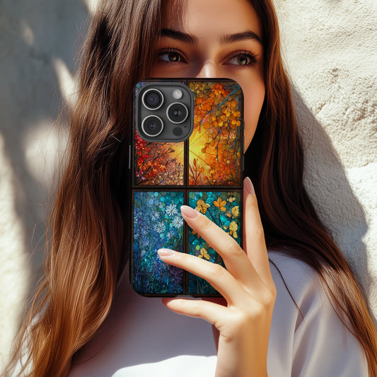 Botanical Seasons Phone Case – Stained Glass Spring, Summer, Autumn, and Winter Floral Panels