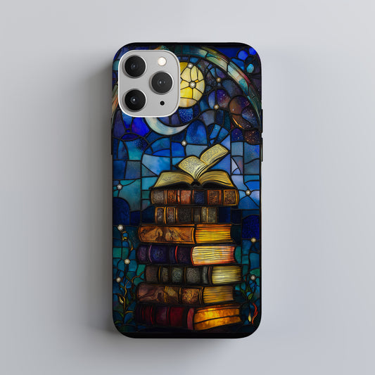 Celestial Library Phone Case – Stained Glass Books, Moon & Stars Art